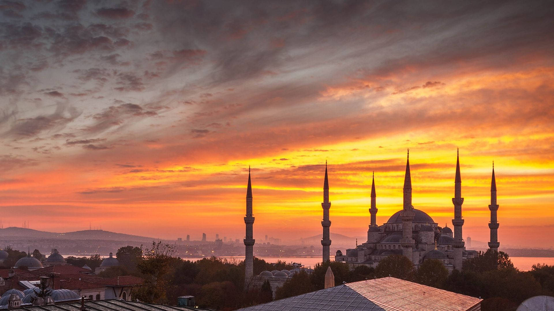 Istanbul's Mosque In A Great Sunset Background
