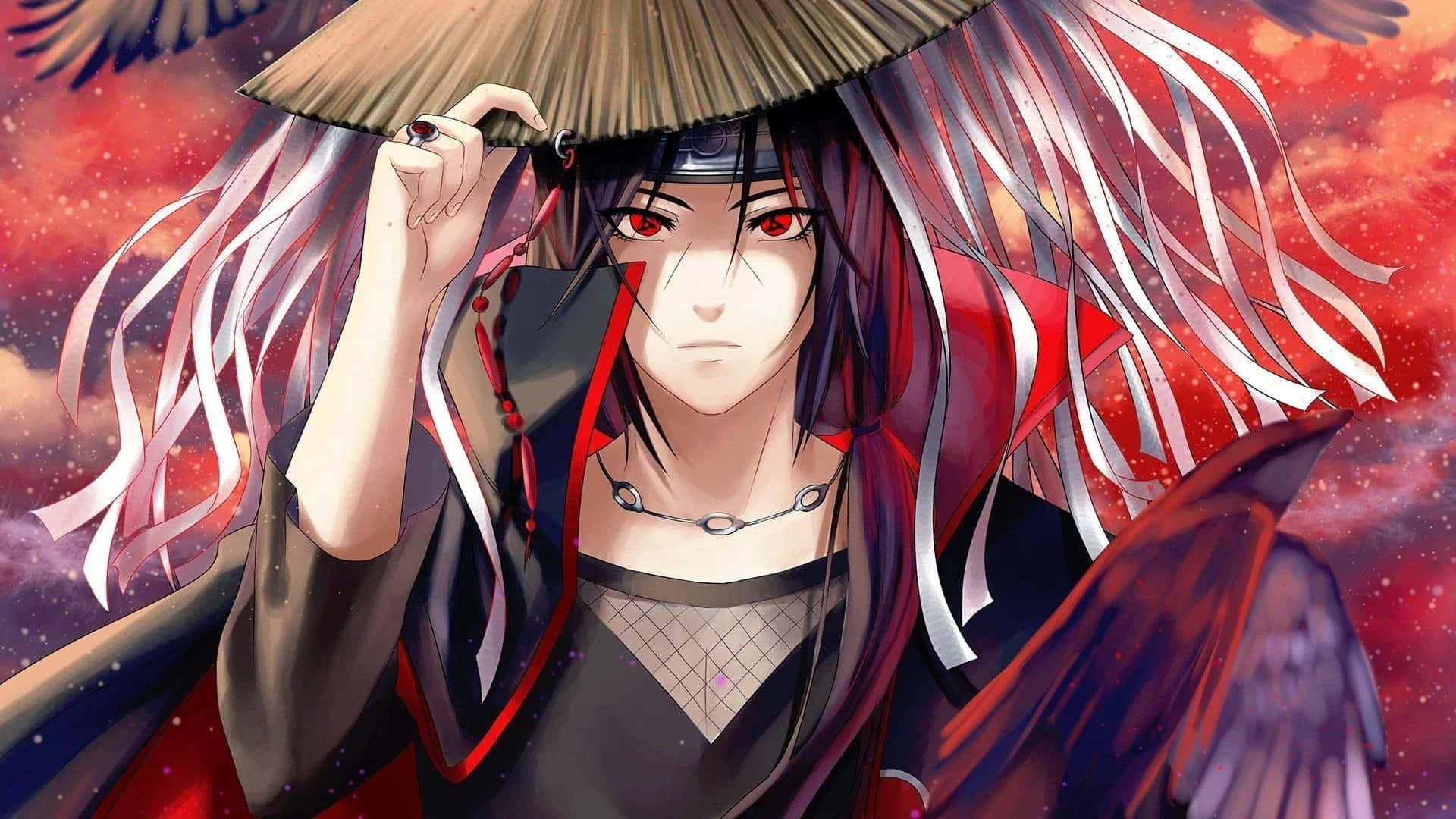 Itachi Aesthetic Holding Conical Straw Hat With Right Hand And Sharingan Eyes Background