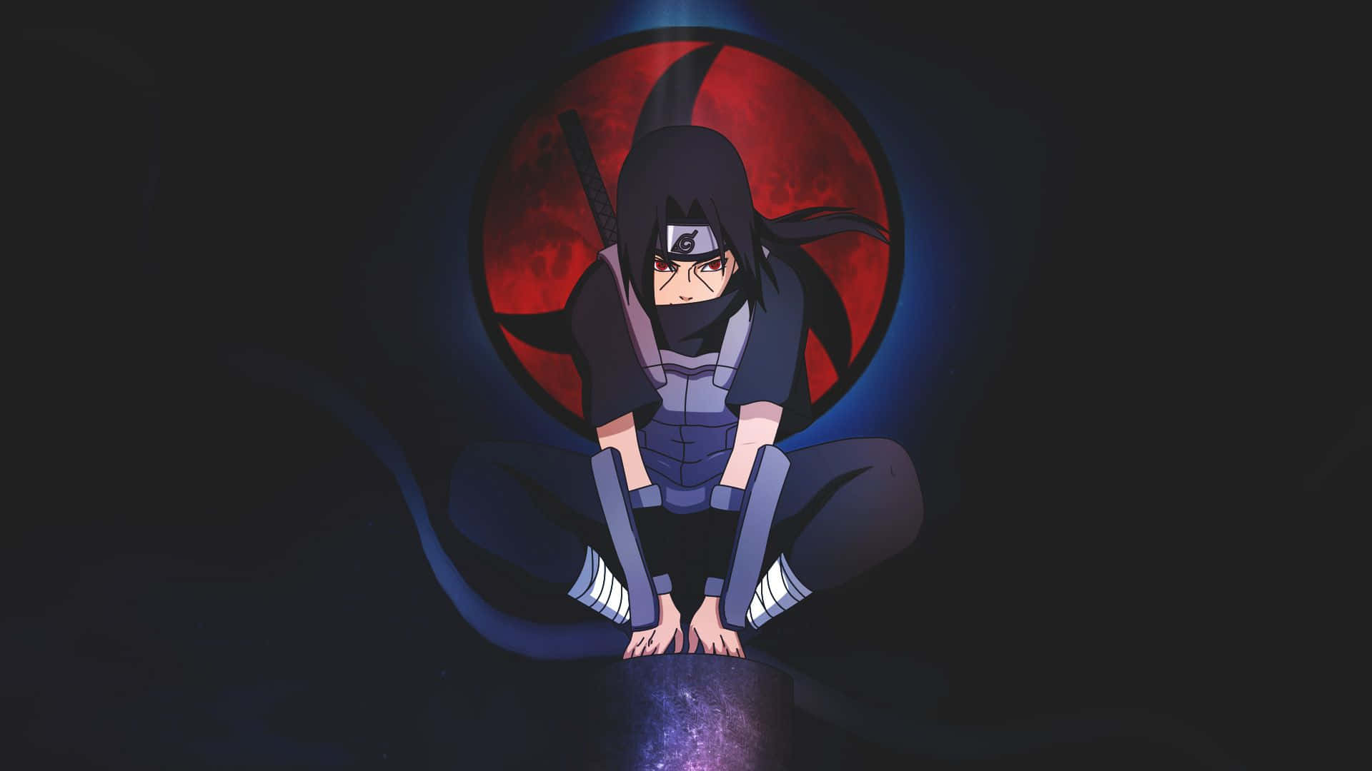 Itachi Aesthetic Looking Down With Frog Seat With Sharingan Eyes In Background Background