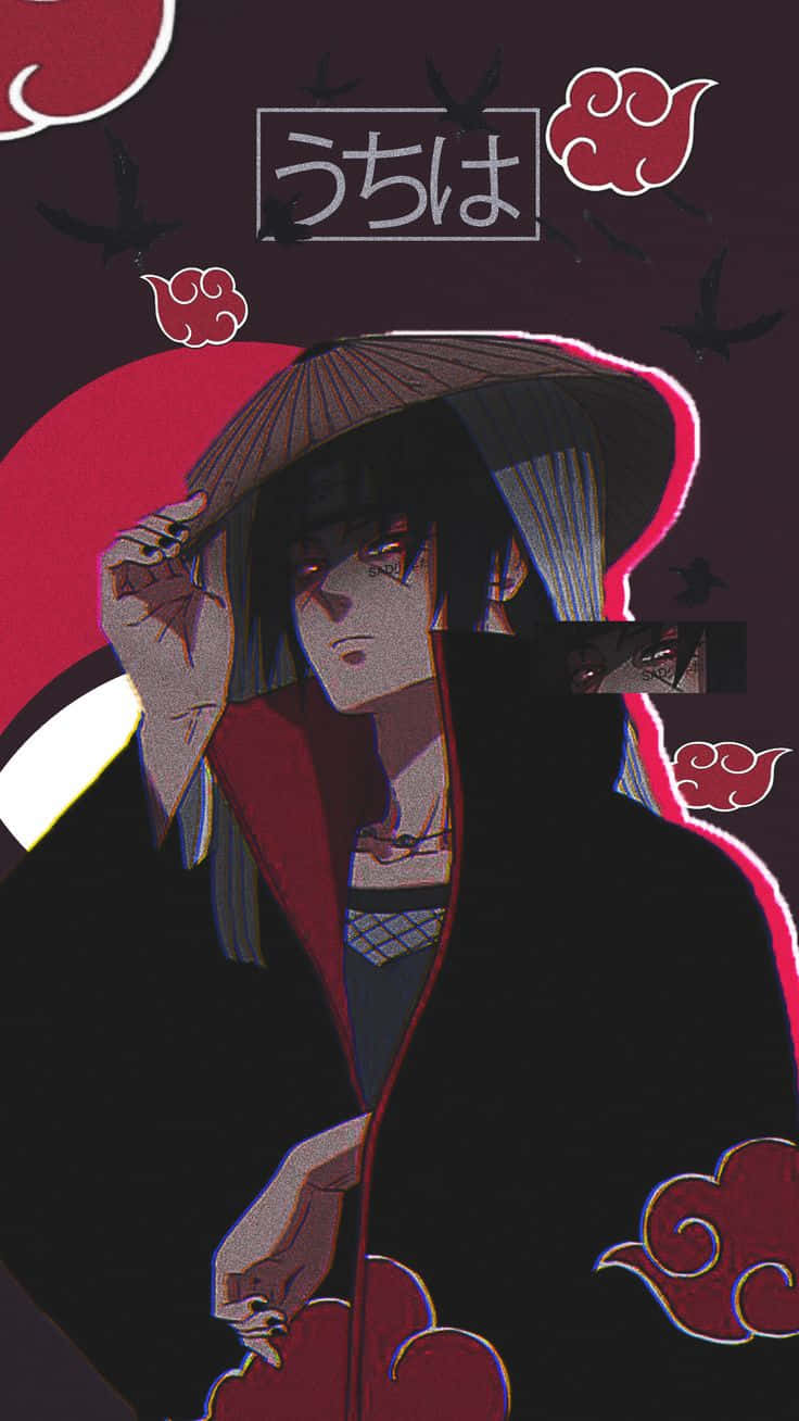 Itachi Aesthetic Looking To The Right Holding Conical Straw Hat With Right Hand Background