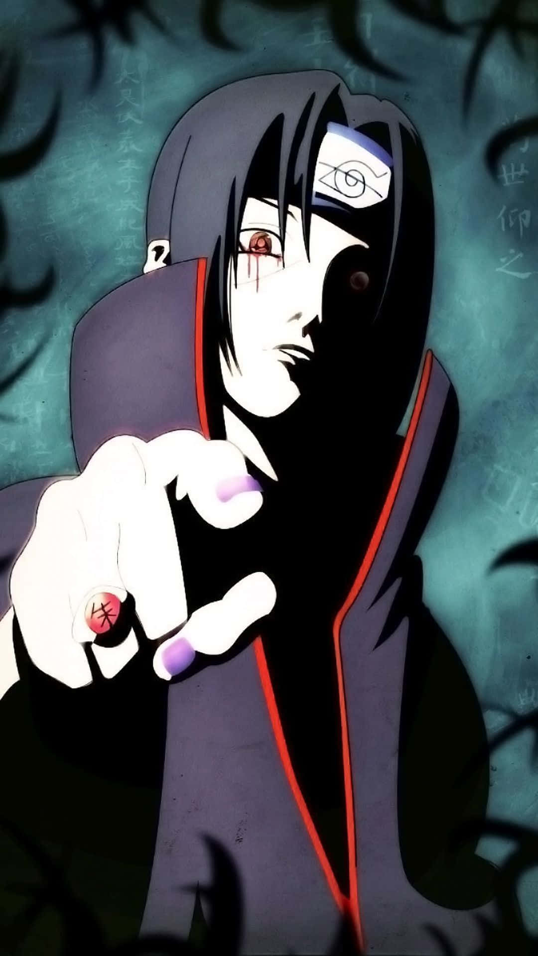 Itachi Aesthetic Pointing In Front With Sharingan Eyes And Uchiha Headband Background