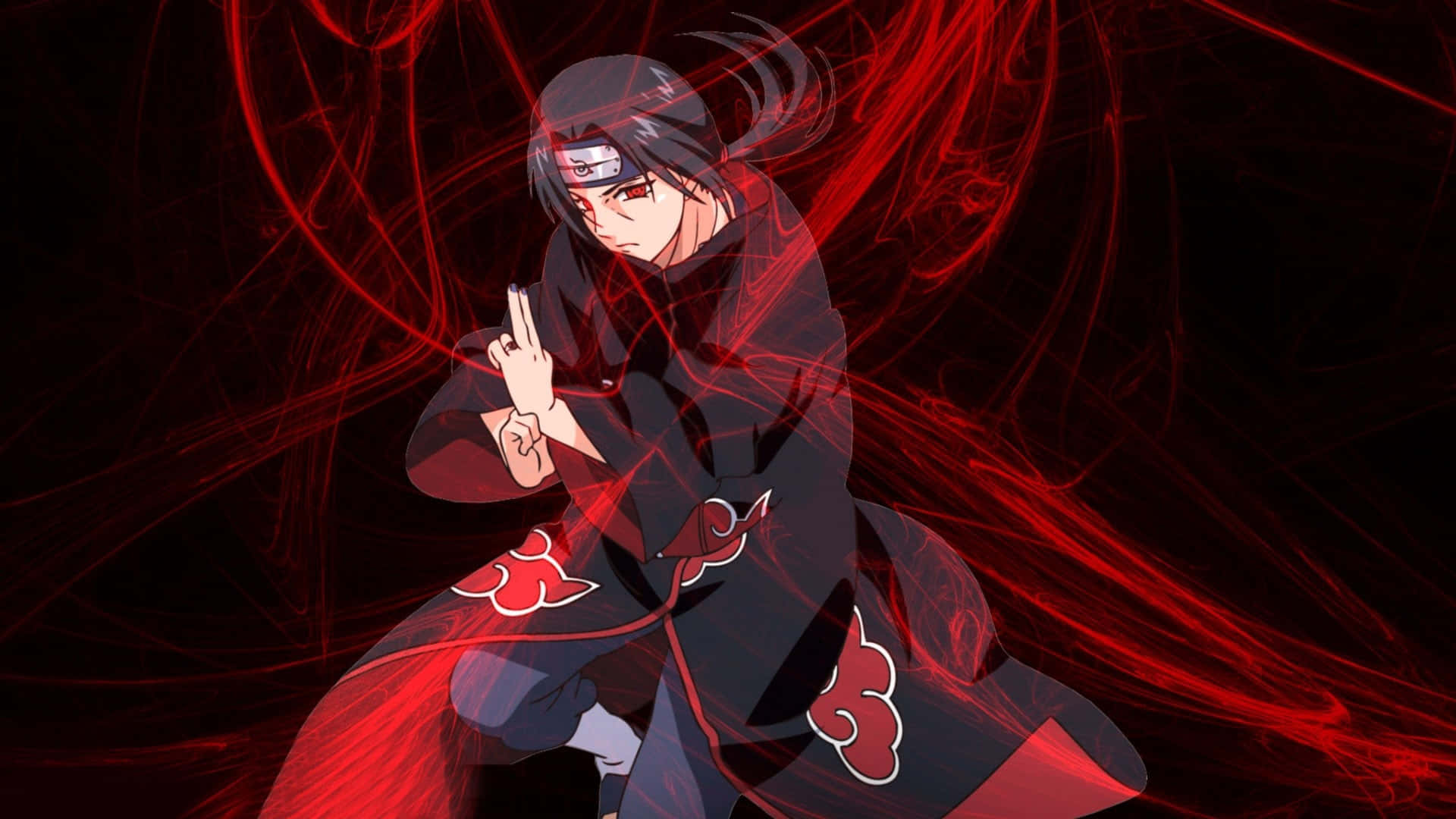 Itachi Aesthetic Posing With Jutsu Style In Black And Red Background. Background