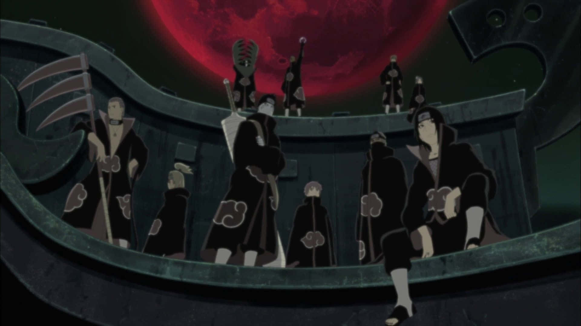 Itachi Aesthetic Sitting Down With Akatsuki Members Under Big Red Moon Background