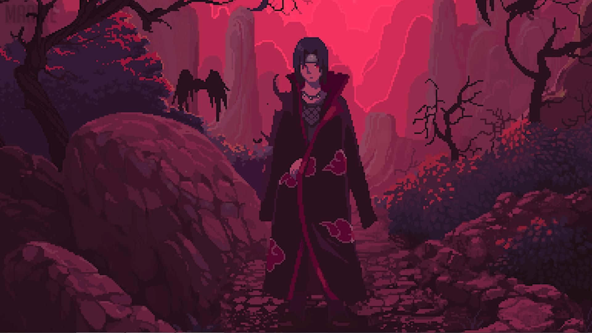 Itachi Aesthetic Wearing Akastuki Cloud Robe Standing In The Middle Of Forest Background