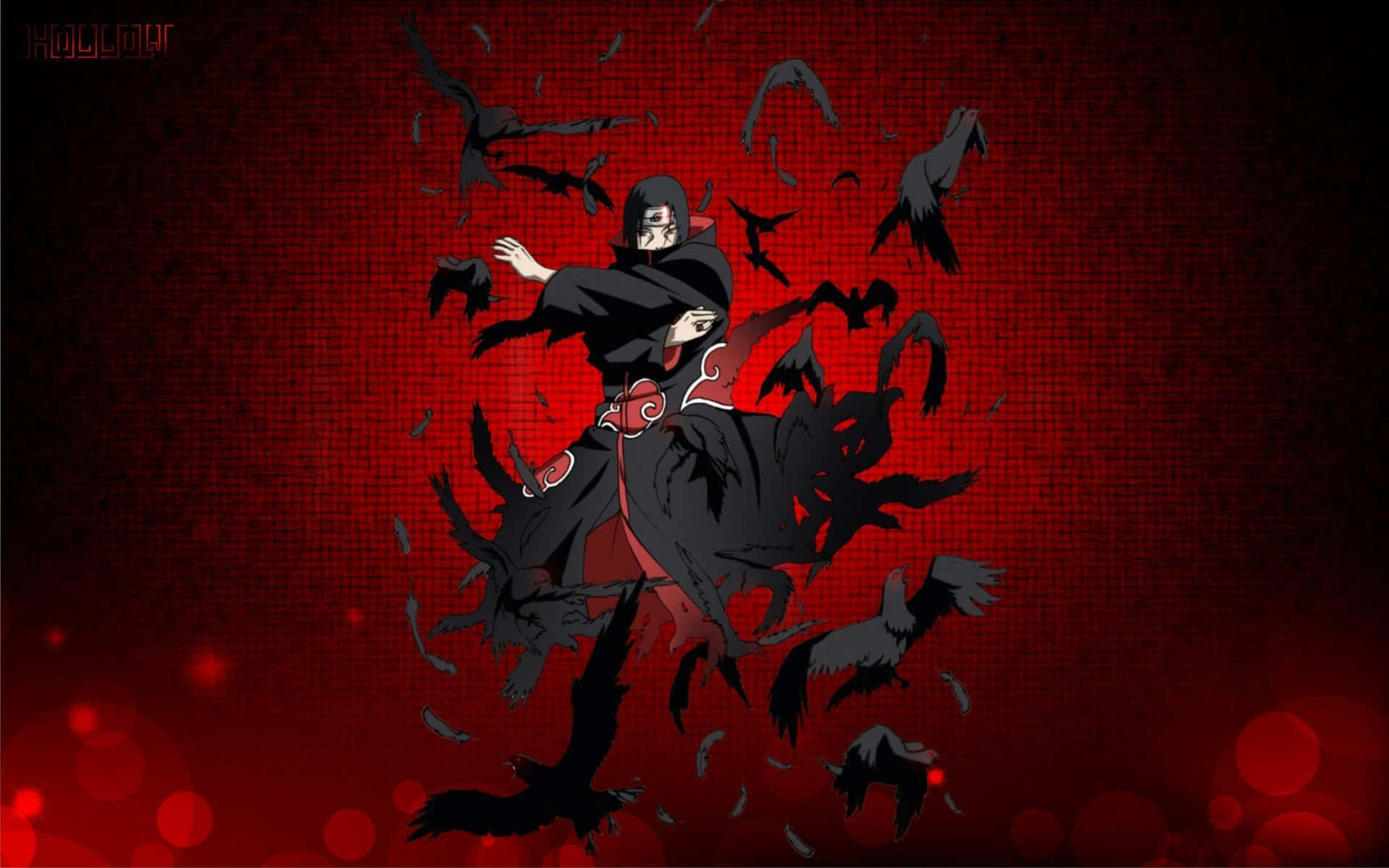 Itachi Aesthetic Wearing Akatsuki Cloud Robe Fighting Against Many Black Crows Background