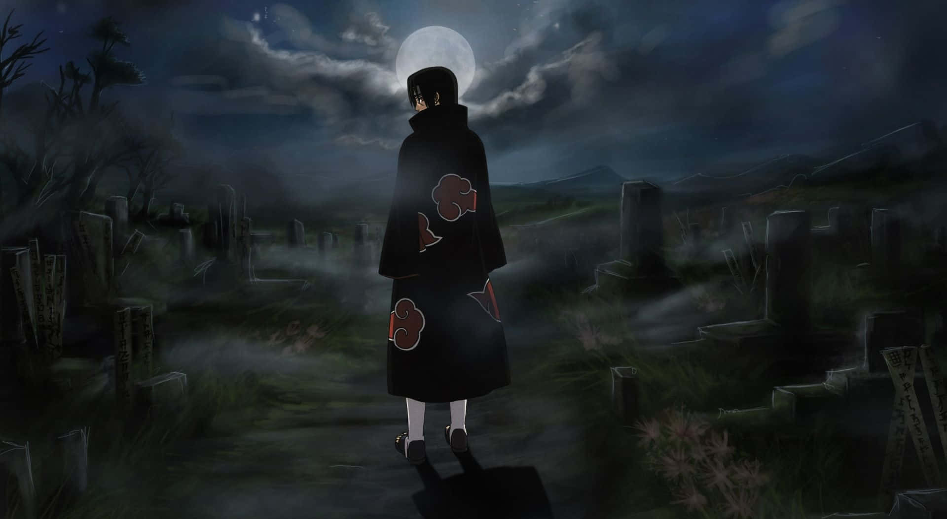 Itachi Aesthetic Wearing Akatsuki Cloud Robe Walking In Graveyard Under Moon Night Background