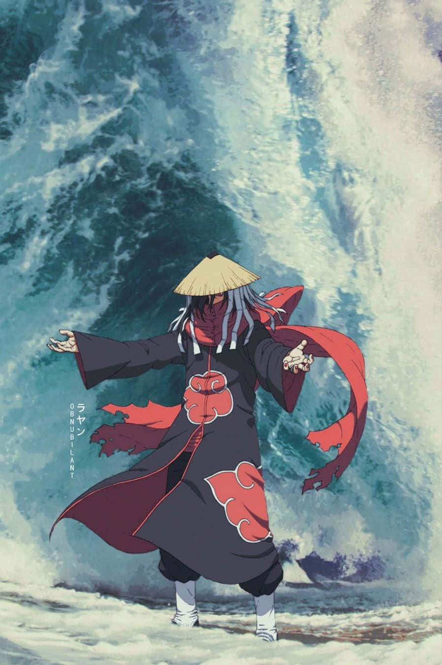 Itachi Aesthetic Wearing Akatsuki Cloud Robe With Arms Open And Big Wave Crashing Background