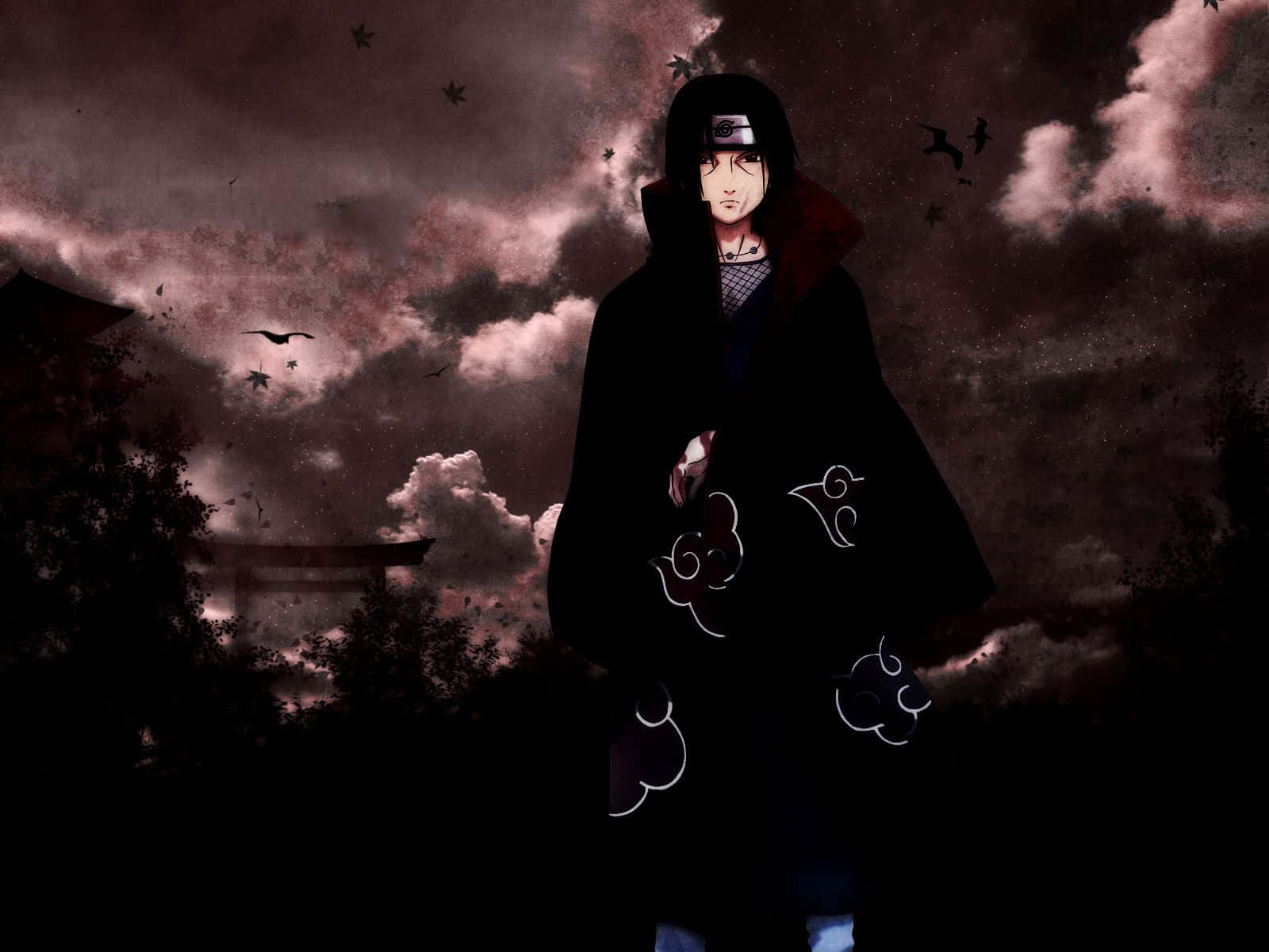 Itachi Aesthetic Wearing Akatsuki Cloud Robe With Crows Flying In Dark Clouds. Background