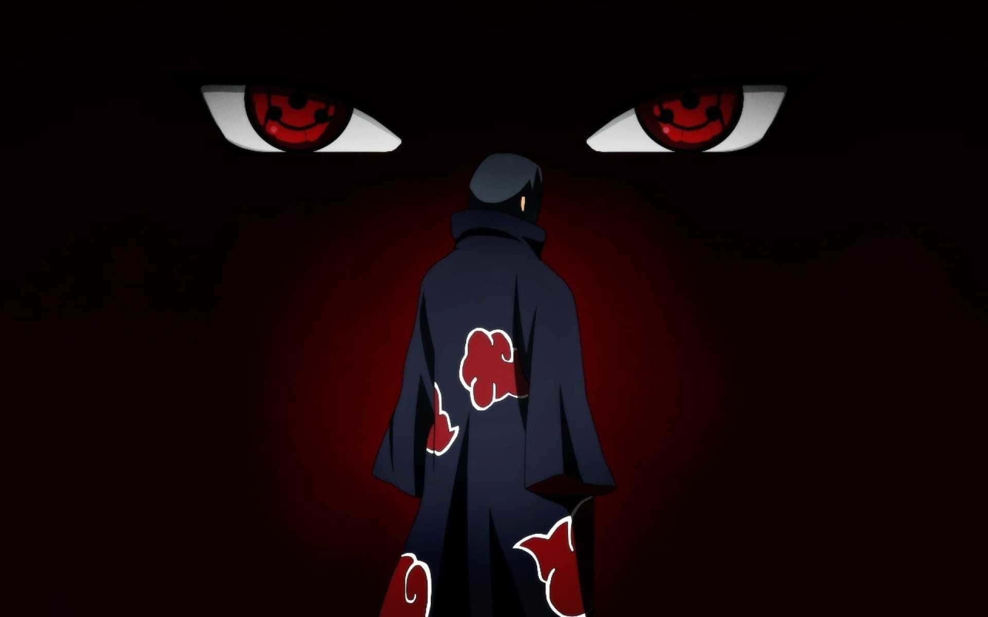 Itachi Aesthetic Wearing Akatsuki Robe Facing Large Sharingan Eyes