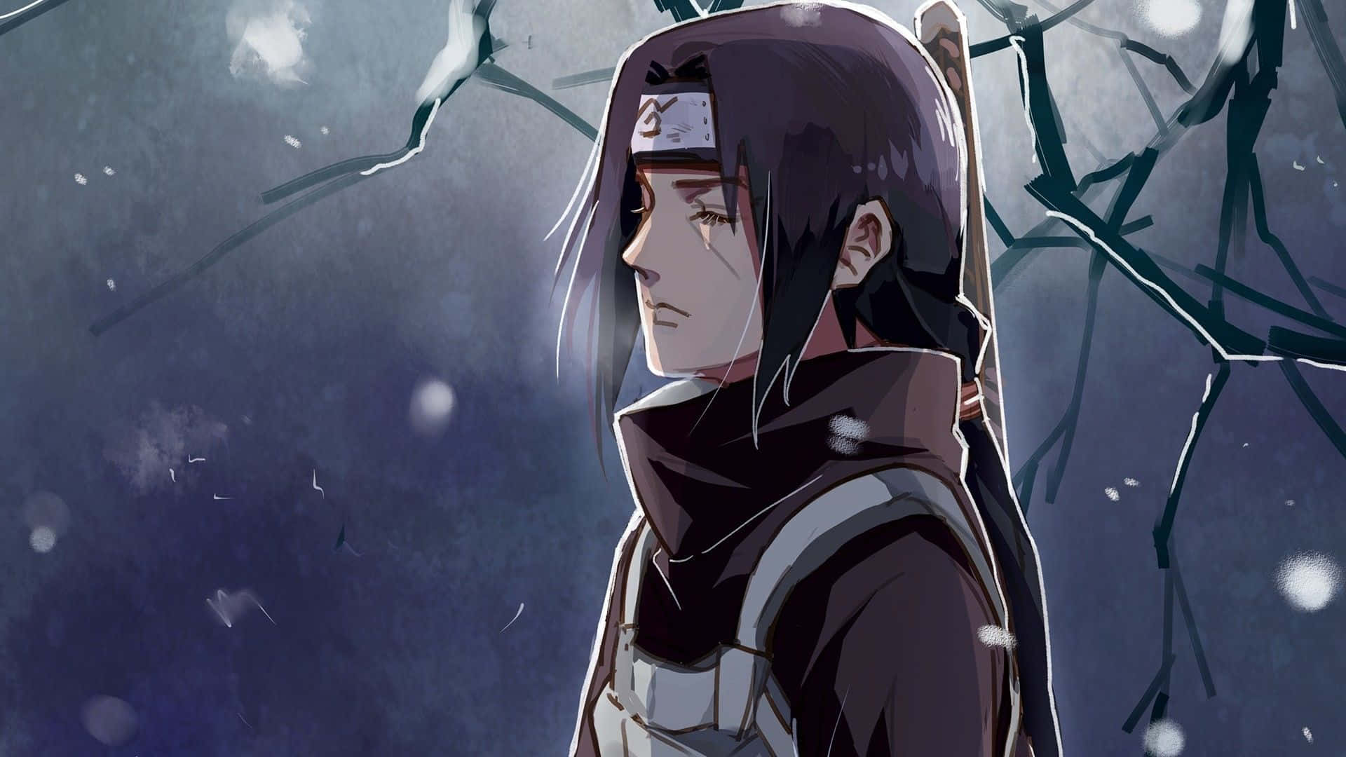 Itachi Aesthetic With Eyes Closed And Winter Snow Falling Background