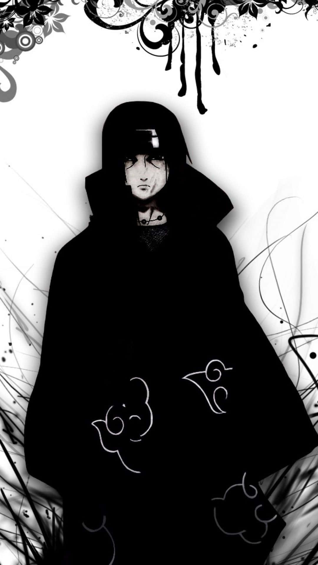 Itachi Aesthetic With Fierce Expression Wearing Akatsuki Cloud Robe Background