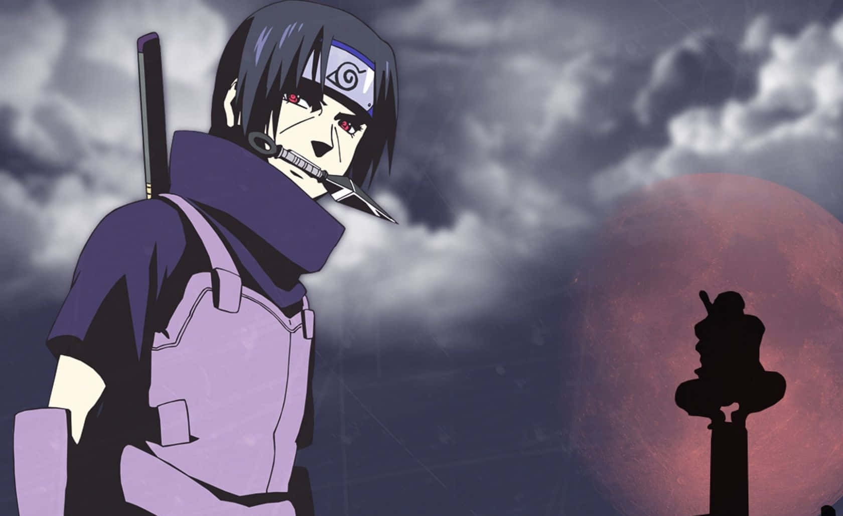 Itachi Aesthetic With Kunai In Mouth With Sharingan Eyes And Uchiha Headband Background