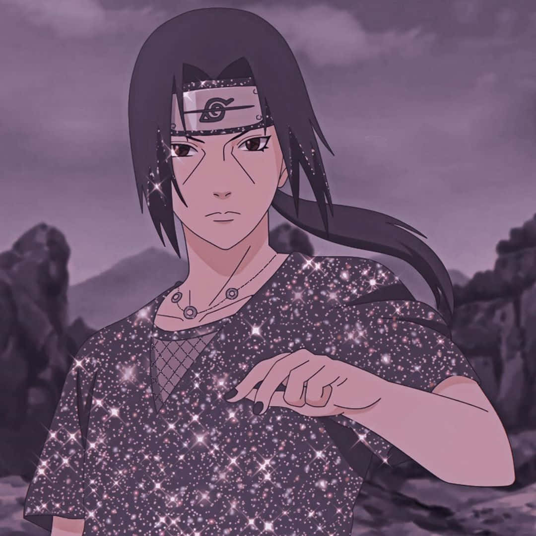 Itachi Aesthetic With Long Hair Tied Back Wearing Gray Glittery Shirt Background