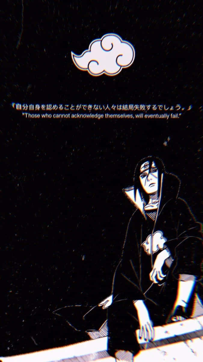 Itachi Aesthetic With One Leg Up With Quotes Under Akatsuki Cloud Background