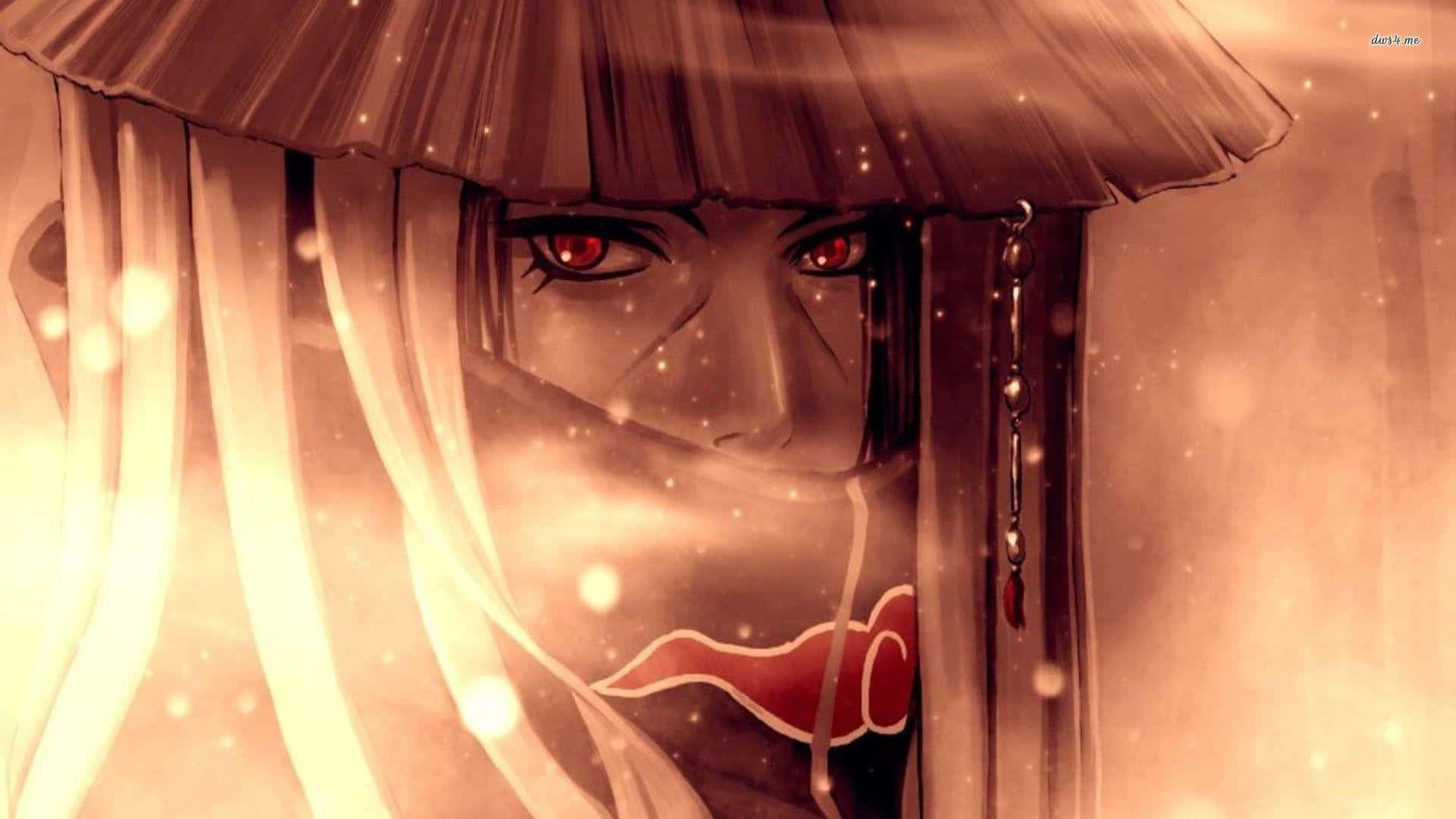 Itachi Aesthetic With Sharingan Eyes Wearing Conical Straw Hat With Gold Effect Background