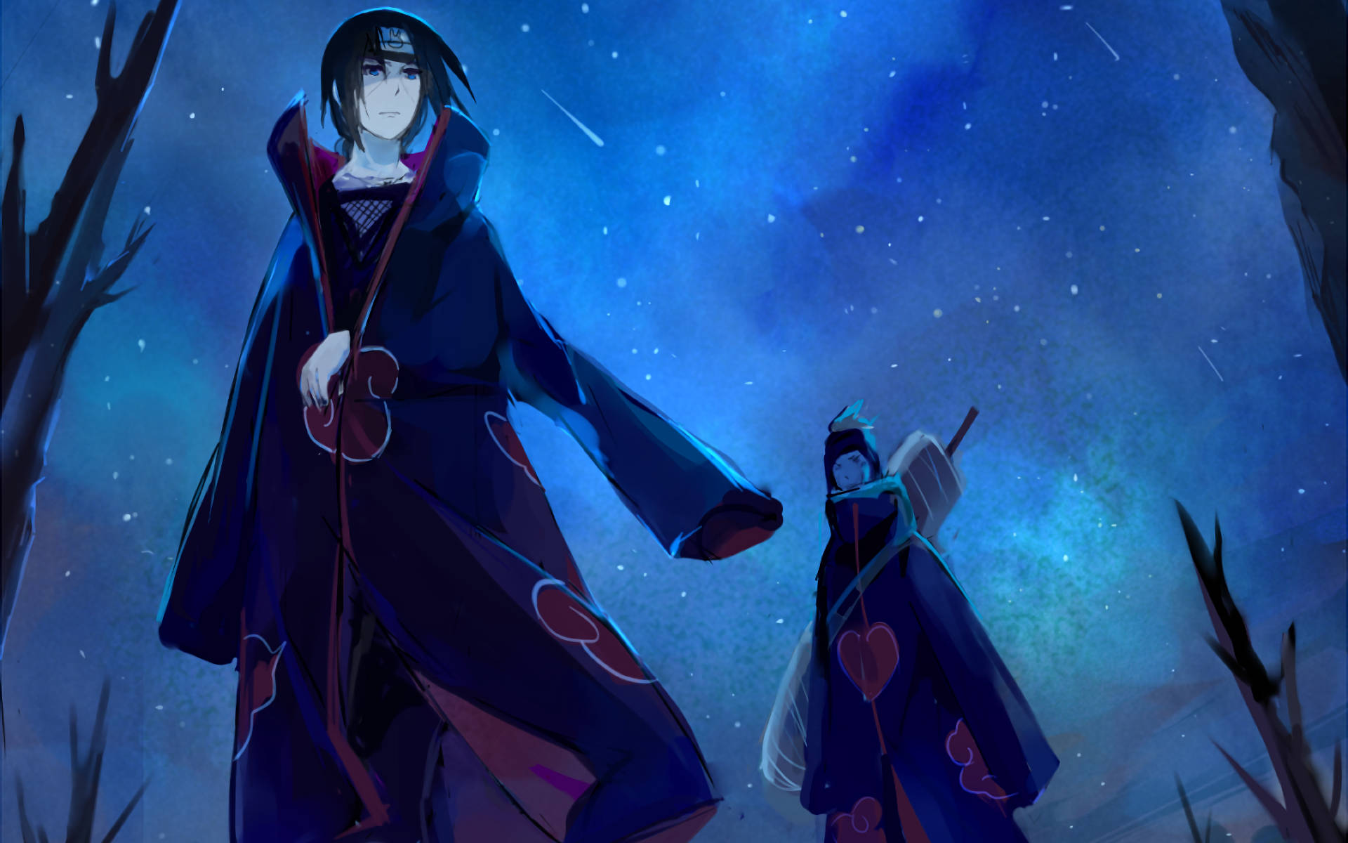 Itachi And Kisame Under A Glowing Sky Background