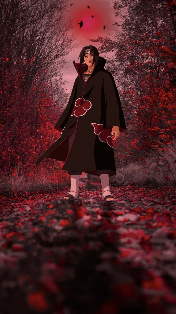 Itachi Mangekyou Sharingan Middle Of Red Forest Background