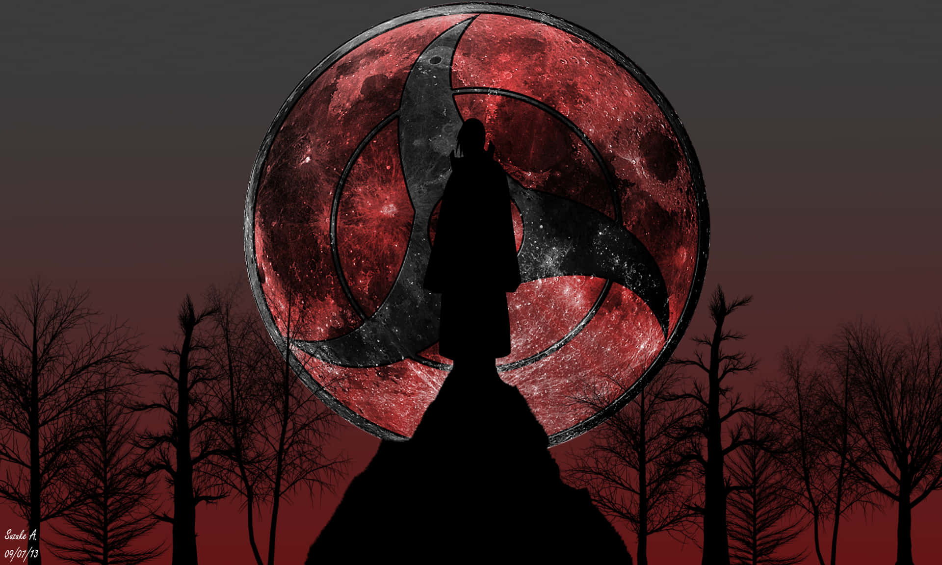 Itachi Mangekyou Sharingan Sillhouette On Mountain Background