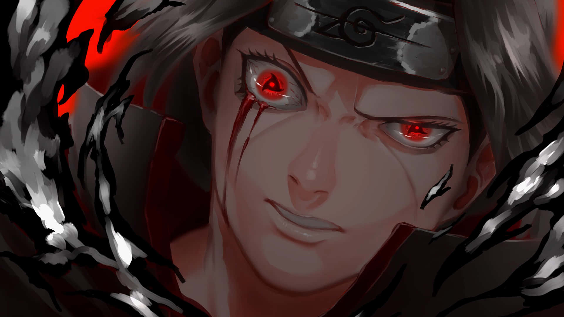 Itachi Mangekyou Sharingan Uneven Eyes Blood Background