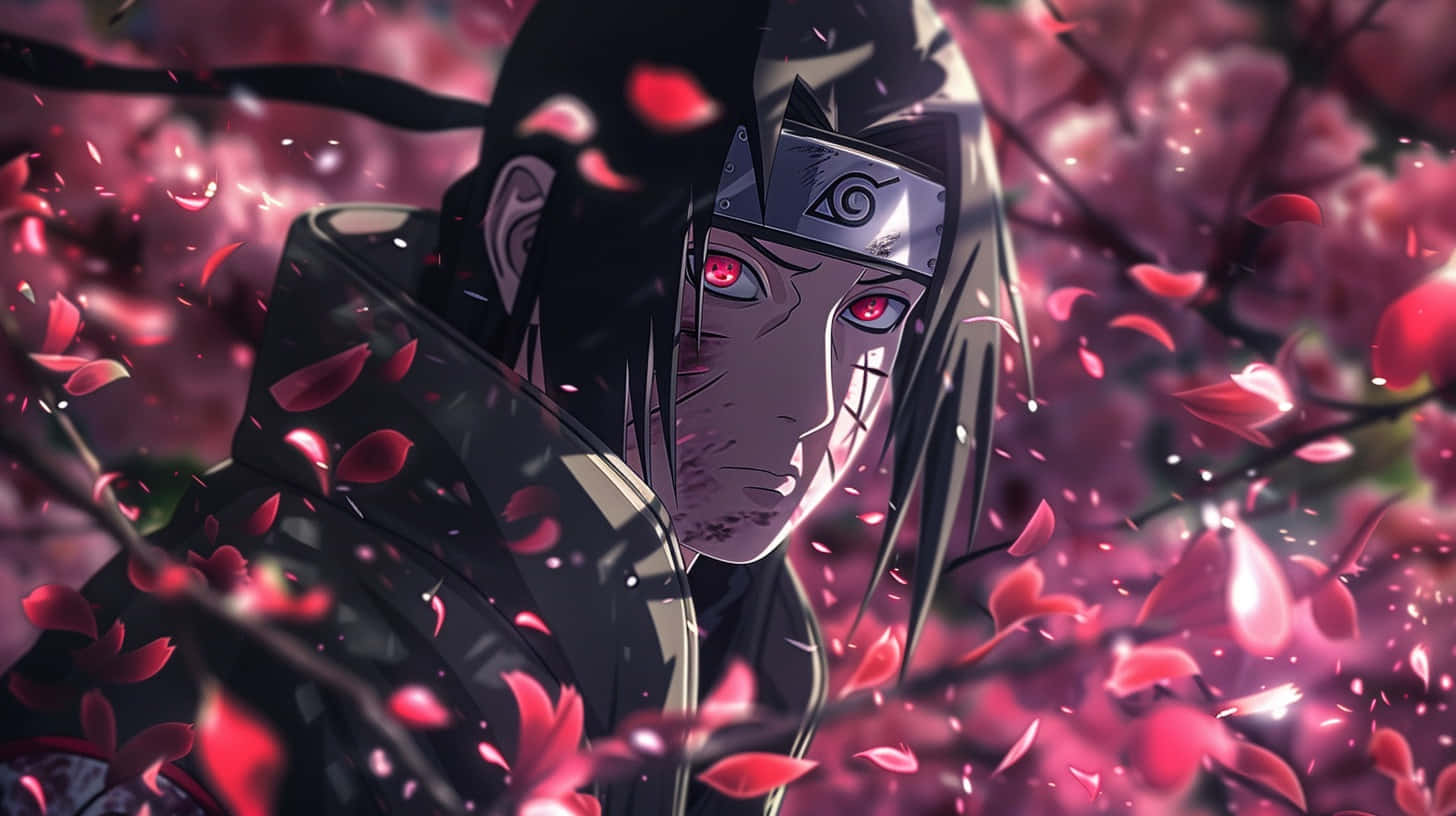 Itachi Uchiha Amidst Falling Petals Background