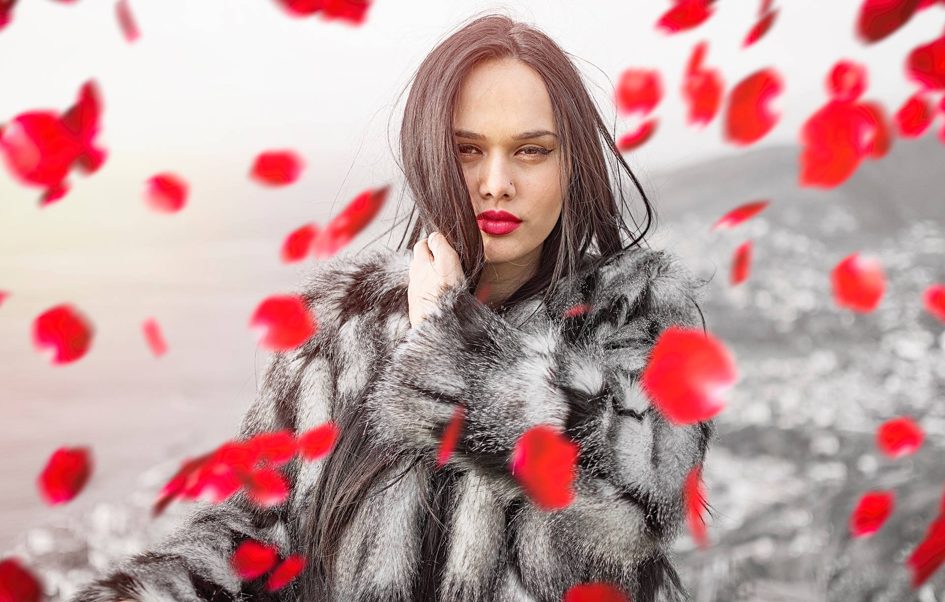 Italian Girl With Rose Petals Background