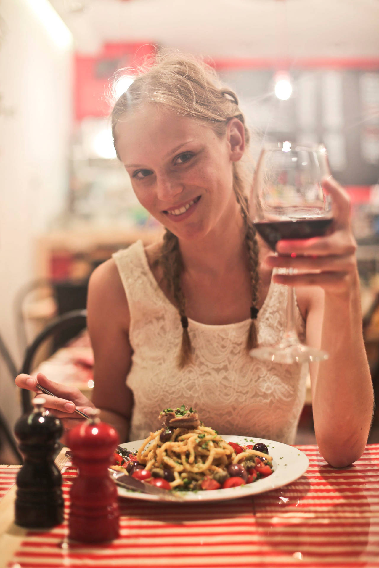 Italian Girl With Wine And Pasta Background