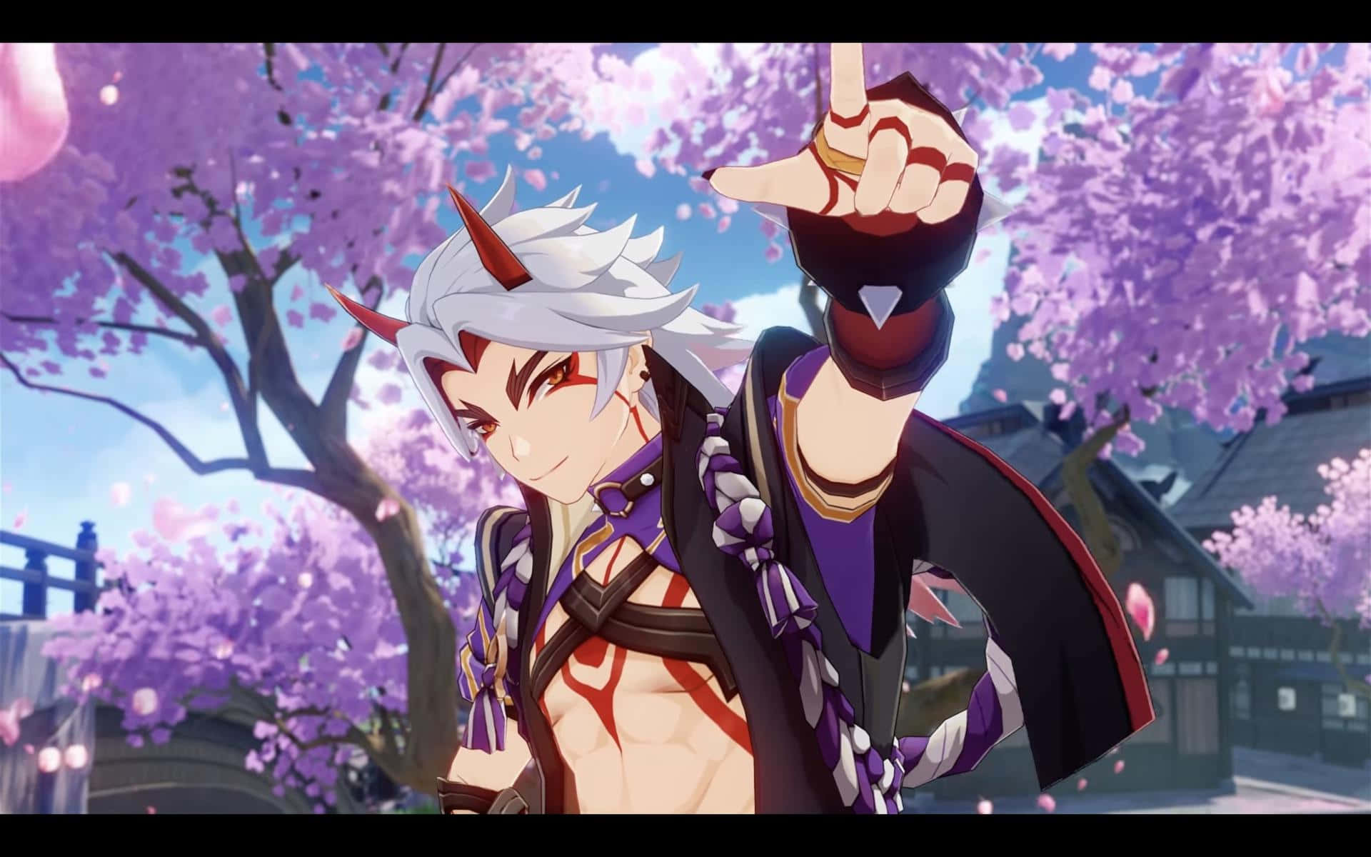 Itto Genshin Impact Purple Trees Background