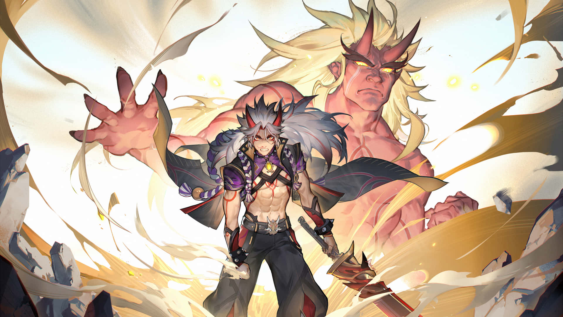Itto, The Adventurous Anemo Traveler With His Trusty Companion Kaeya