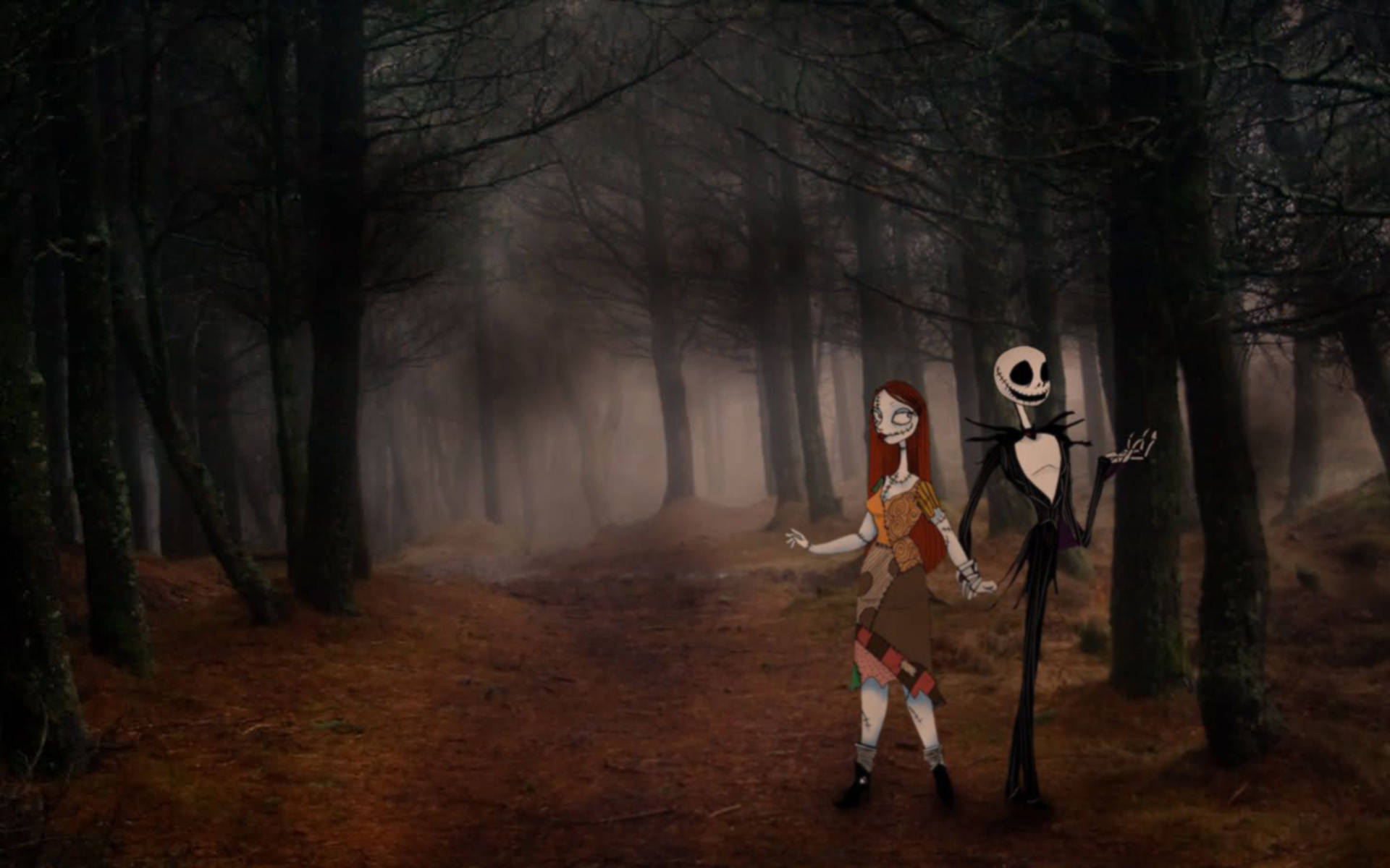 Jack And Sally In Dark Forest Background