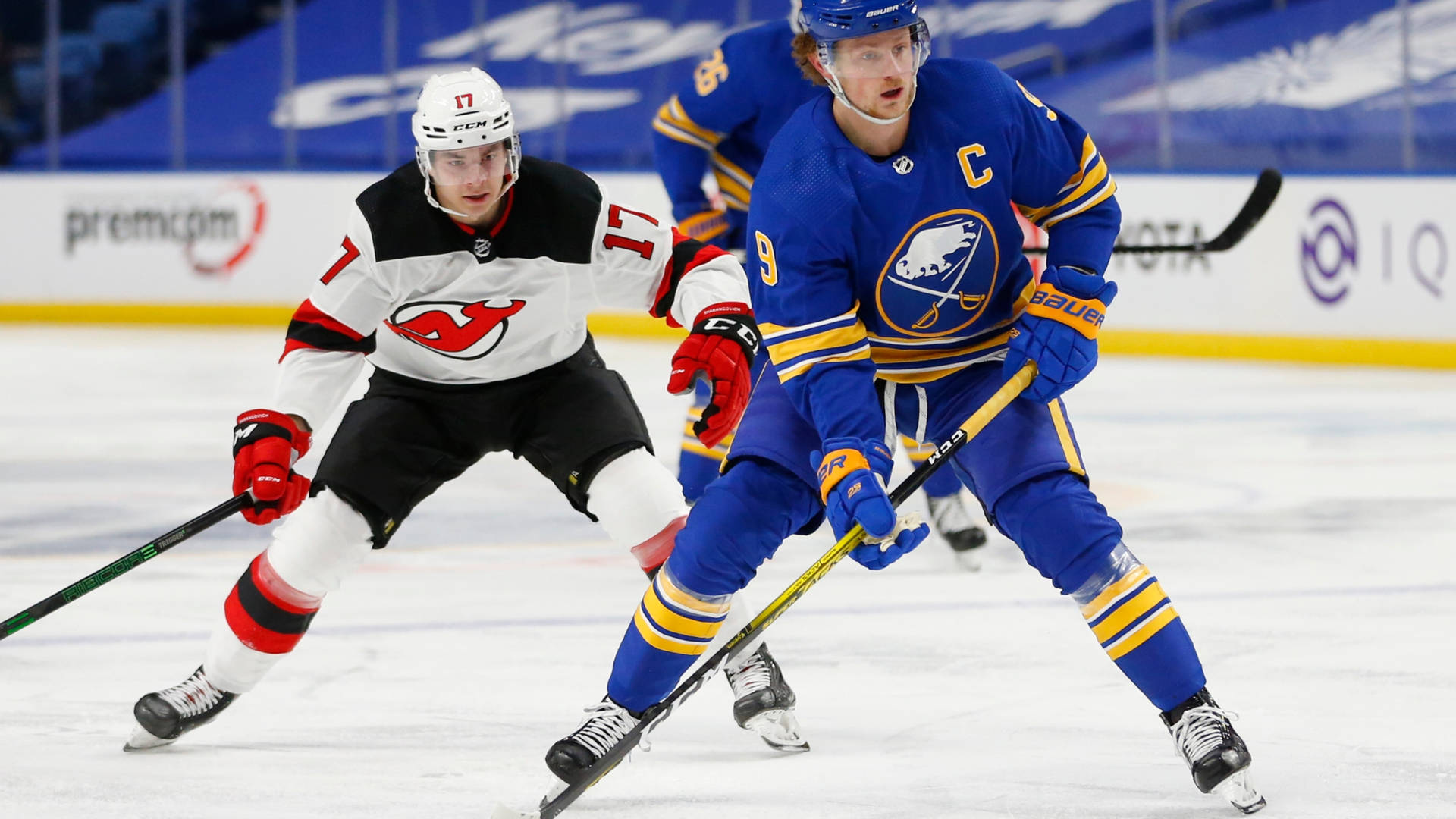 Jack Eichel Against The New Jersey Devils Background