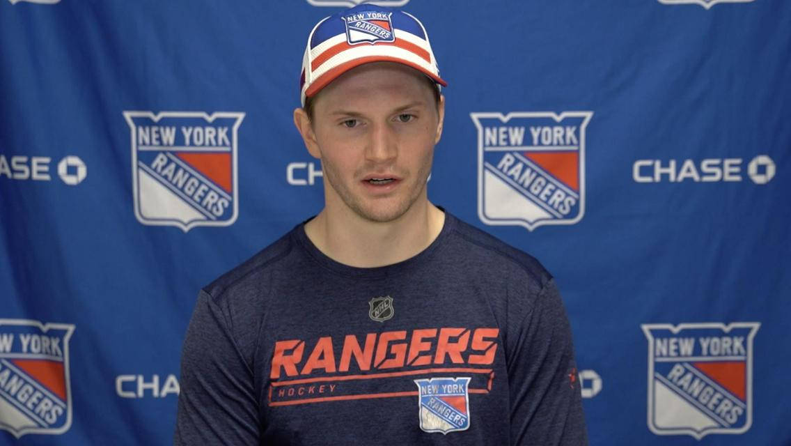 Jacob Trouba Speaking During Interview For New York Rangers Background