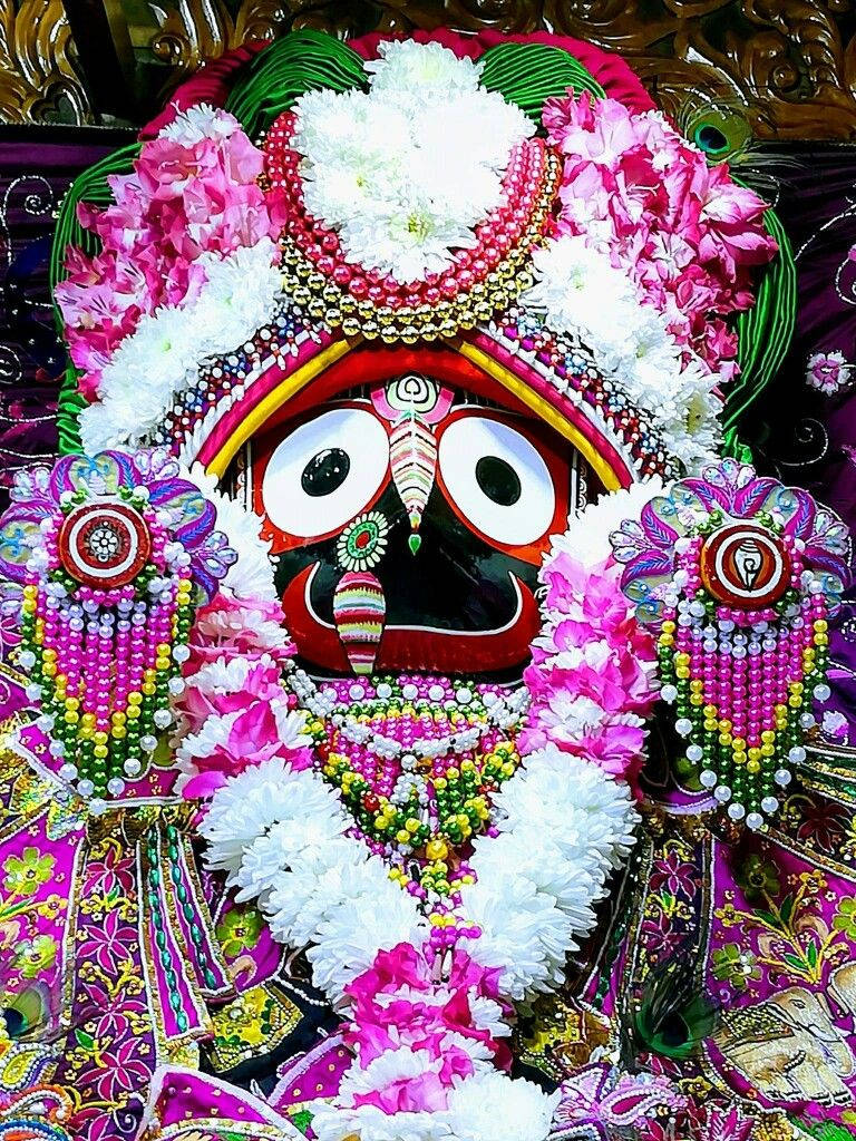 Jagannath With White And Pink Flowers Background