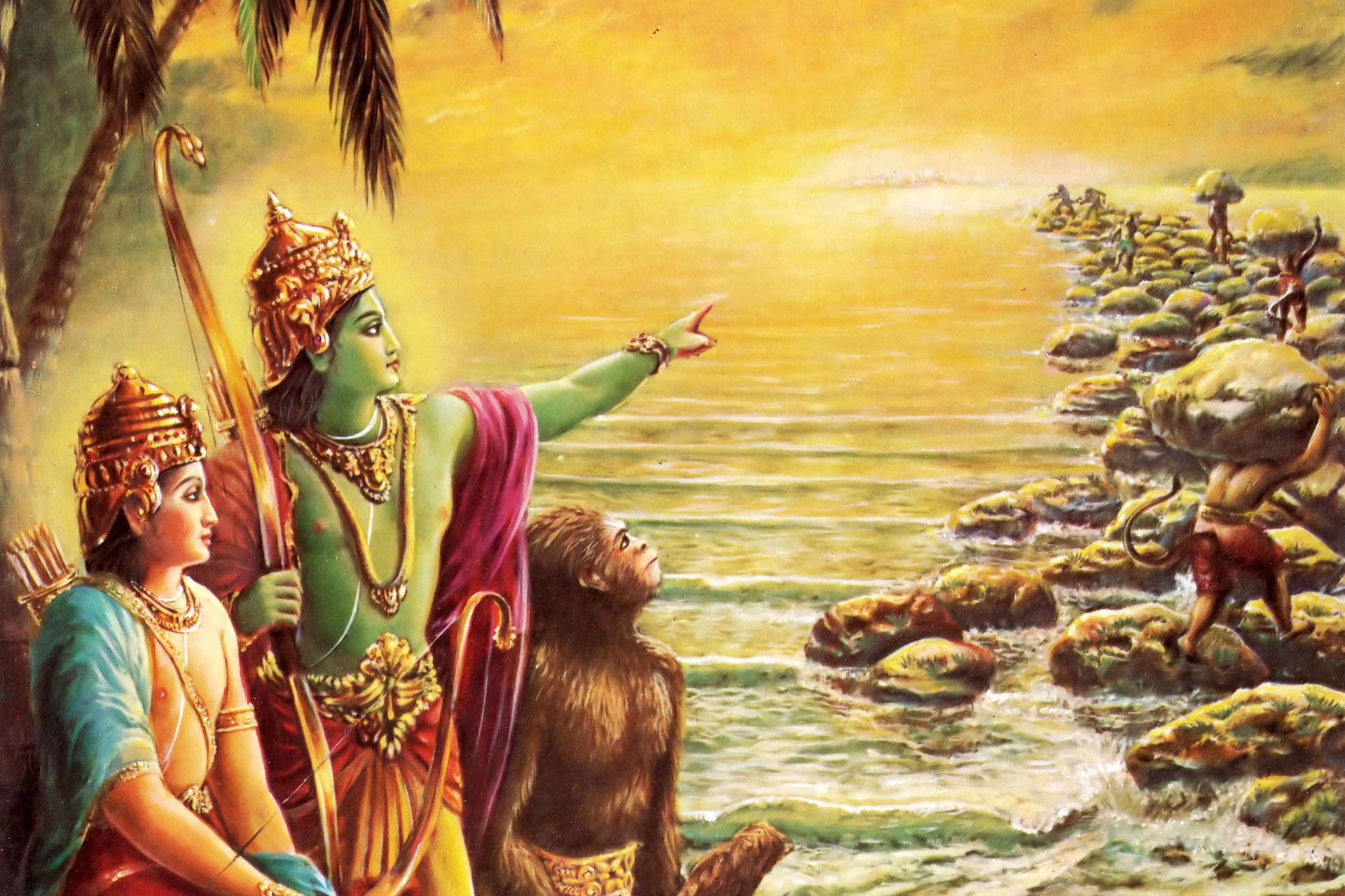 Jai Shri Ram Rama And Sita By Beach Rocks Background