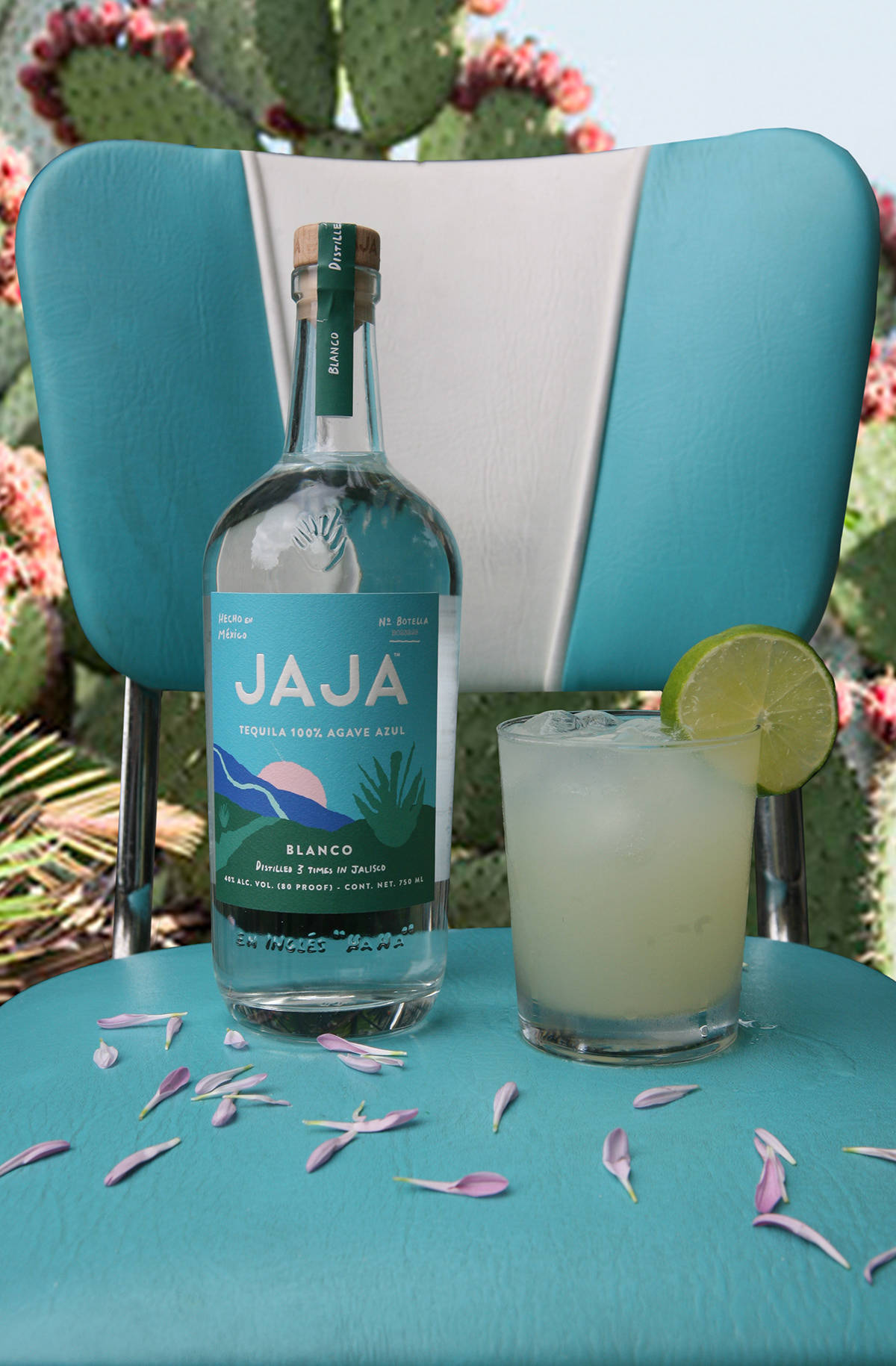 Jaja Tequilla Bottle And Glass Of Lime Juice On Chair Background