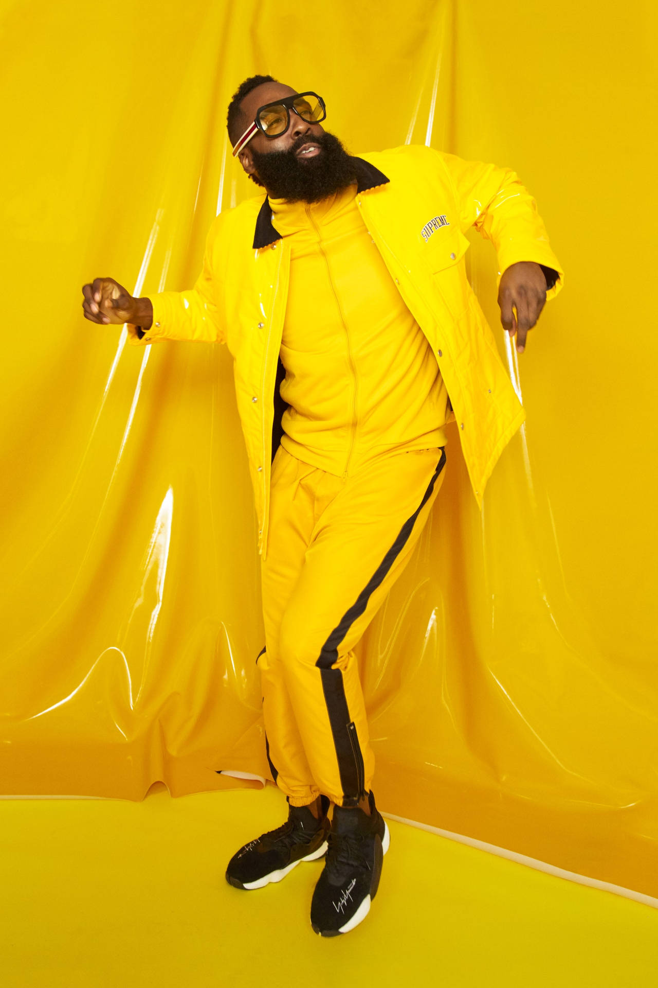 James Harden Dancing In Yellow Outfit Background