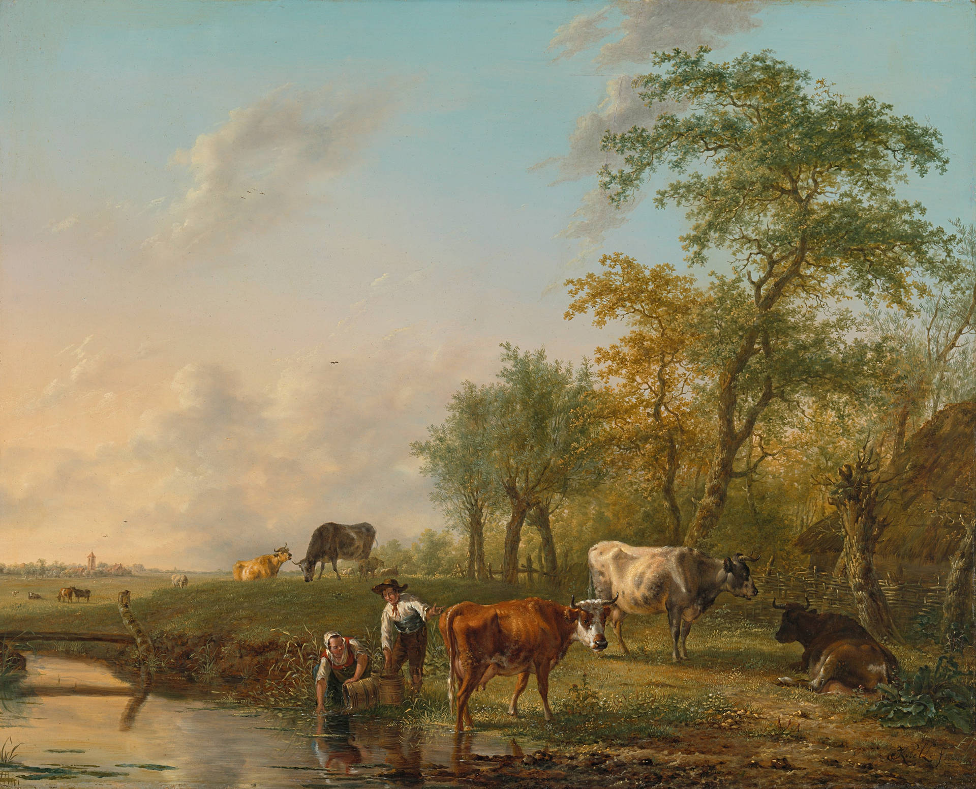 Jan Kobell Landscape With Cattle Painting Background