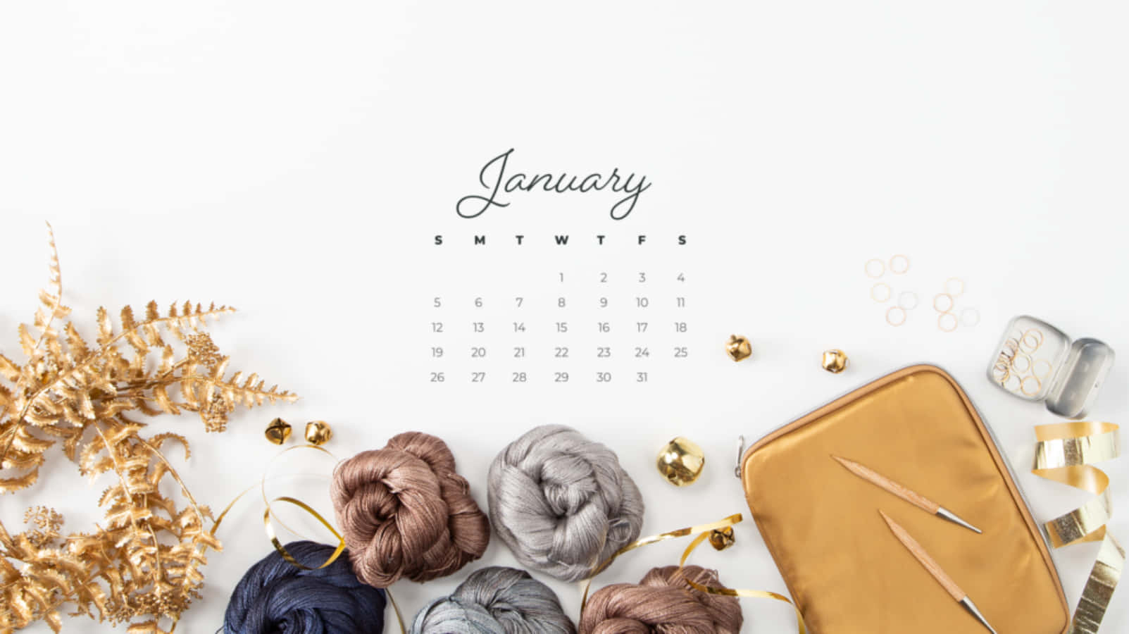 January 2019 Calendar With Knitting Supplies And Yarn Background