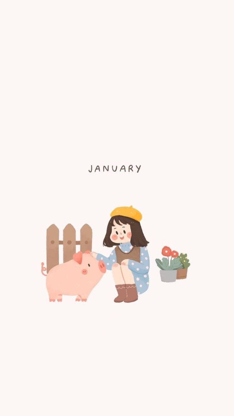 January Girl And Pig Drawing Background