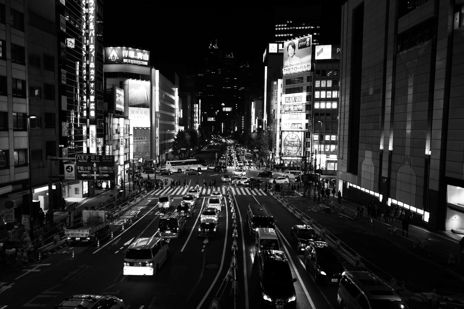 Japan Black And White Busy Avenue Background