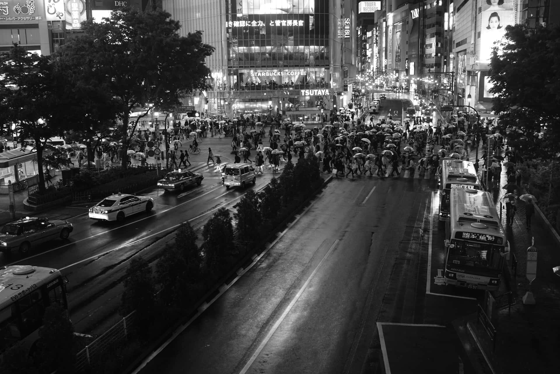 Japan Black And White Busy Street Background