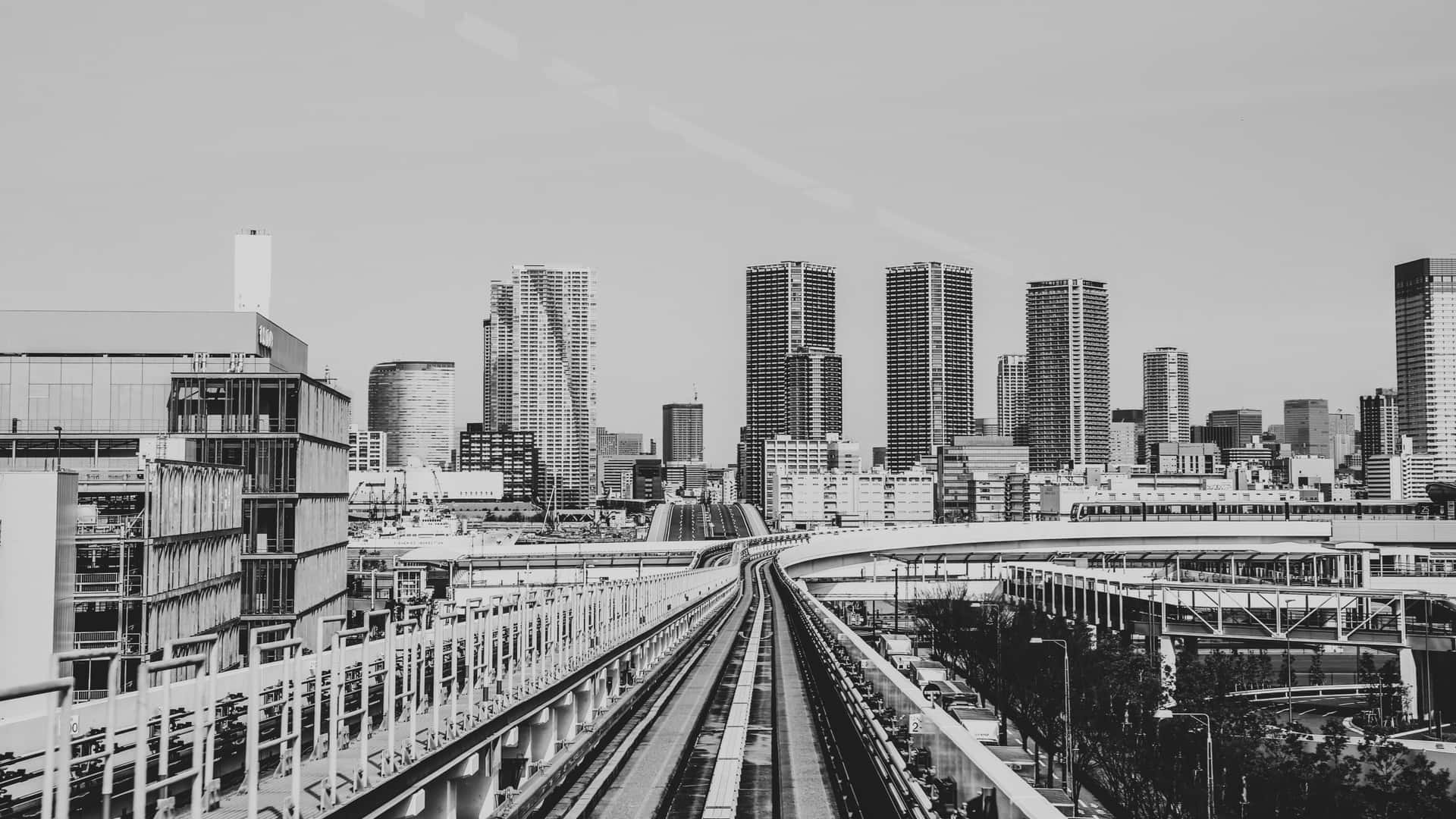 Japan Black And White Train Tracks Background