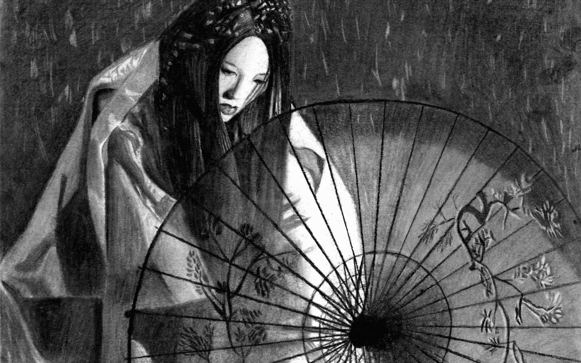 Japan Black And White Woman Parasol Background