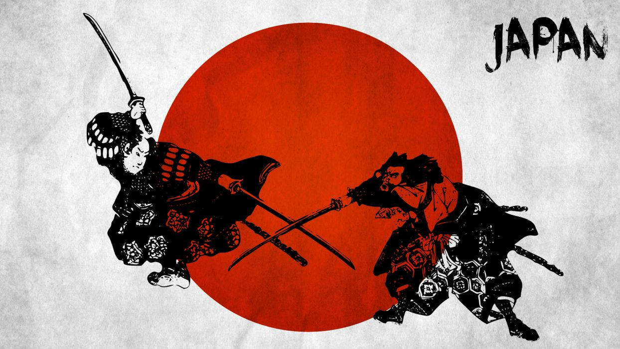 Japan Flag With Animated Samurai People Background