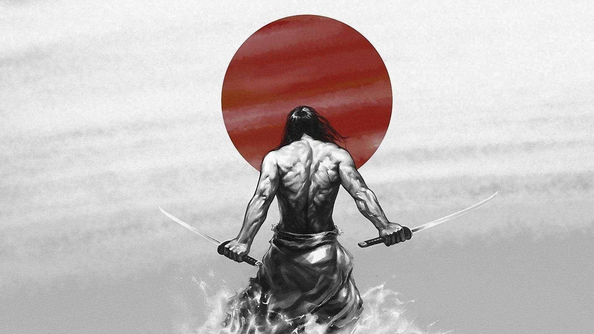 Japan Flag With Shirtless Samurai Man Background