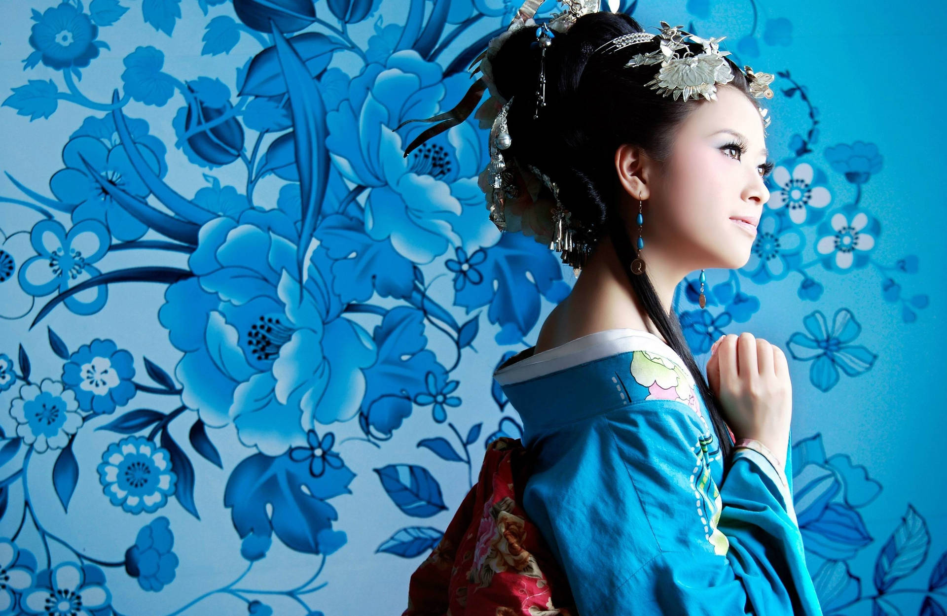 Japan Girl Blue Floral Aesthetic
