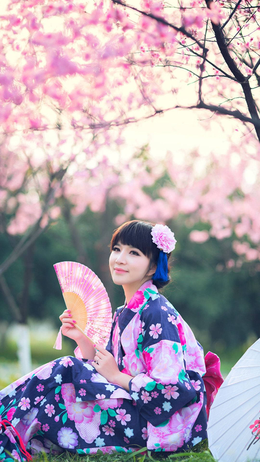 Japan Girl Floral Yukata Sakura Tree Background