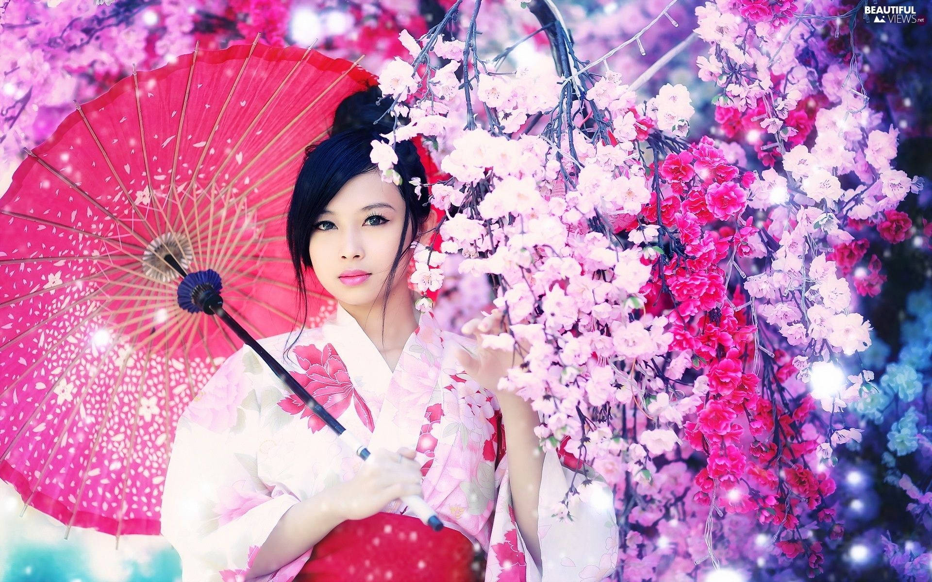 Japan Girl Pink Floral Aesthetic