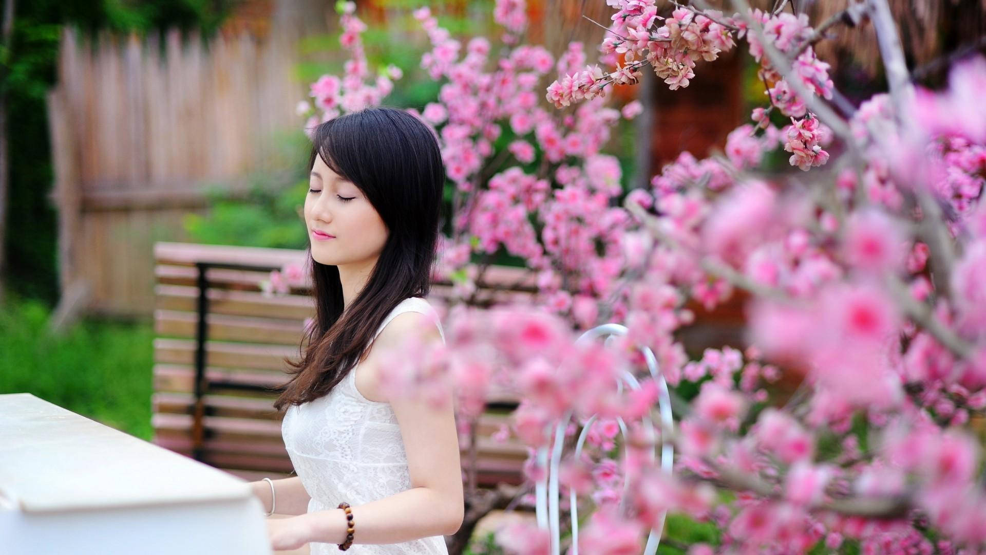 Japan Girl Playing Piano Pink Garden Flowers