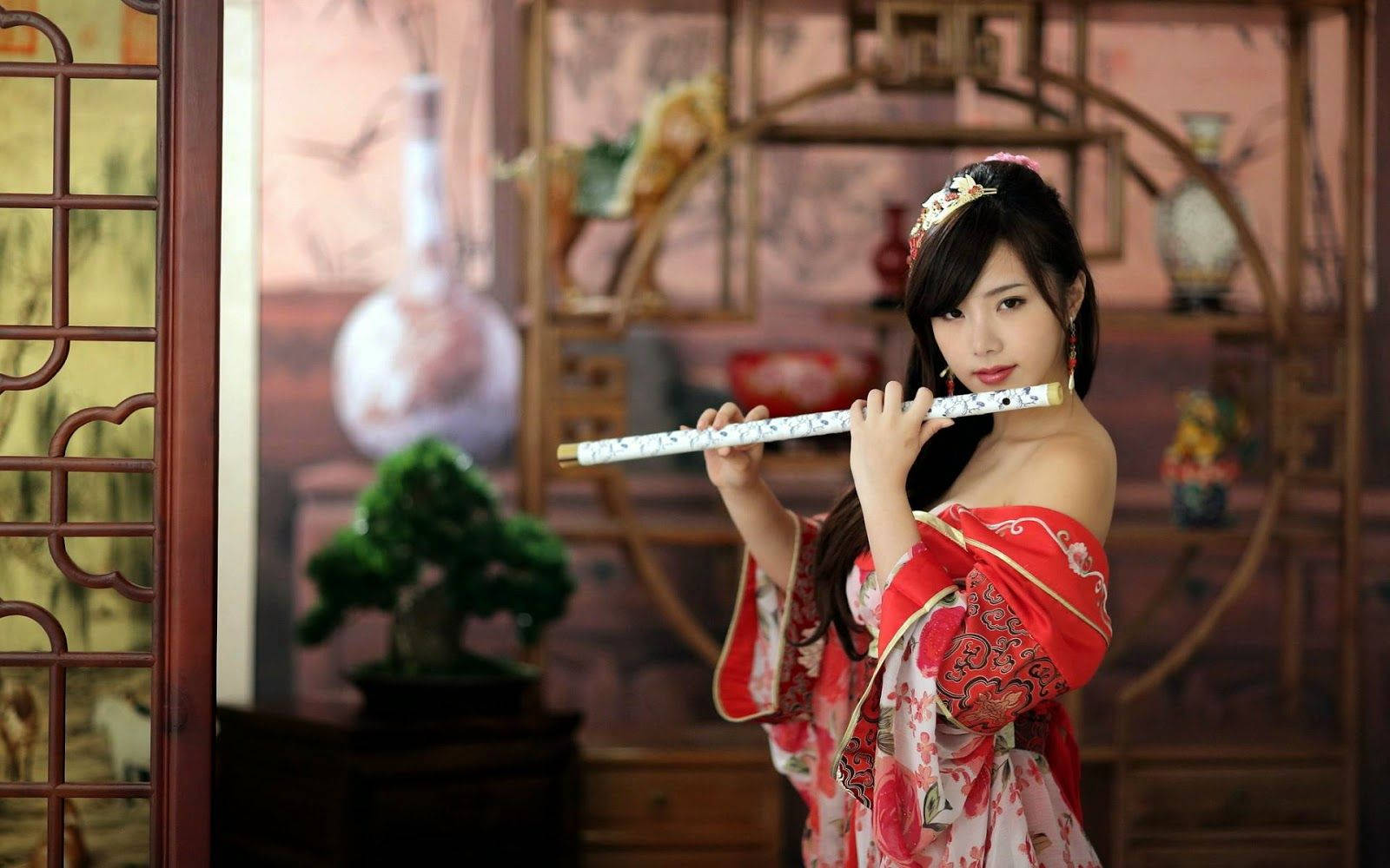 Japan Girl Red Kimono Traditional Flute Background
