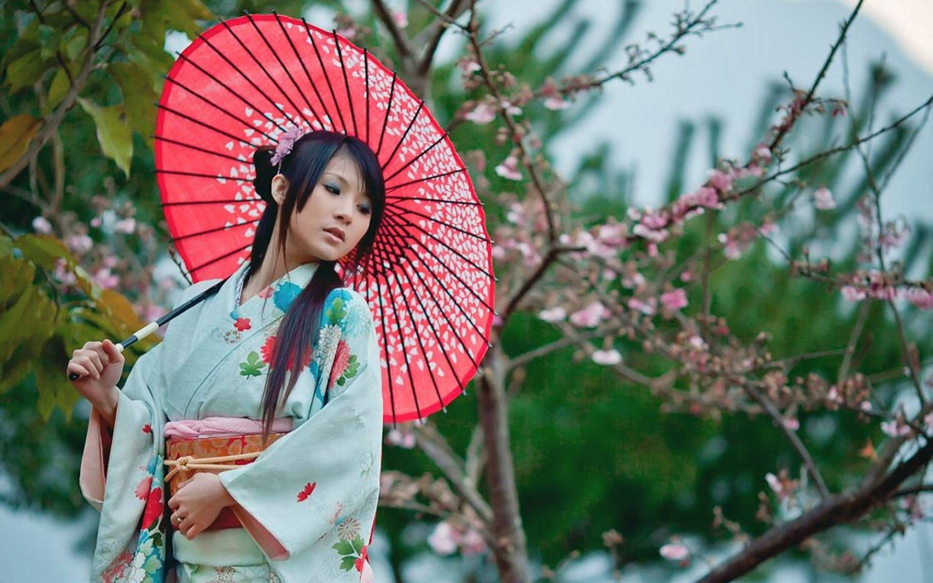 Japan Girl Red Umbrella And Yukata Background